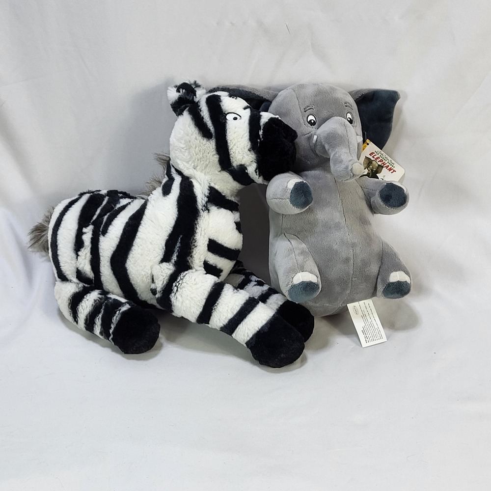 Kohls Cares Plush Stuffed Animal Set Zebra and Elephant Grey White Black